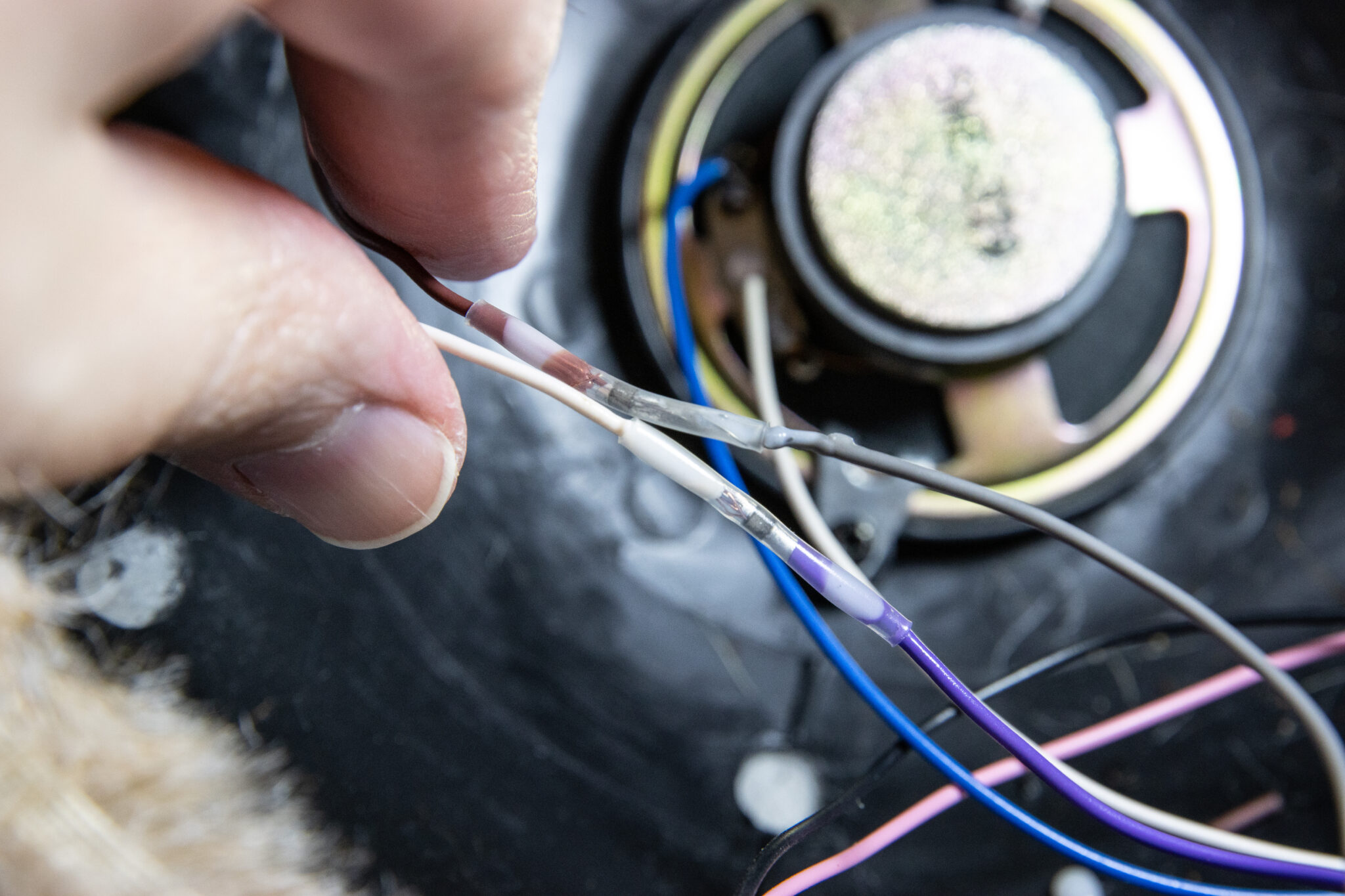 A photo of the hand-soldered wires all cleaned up